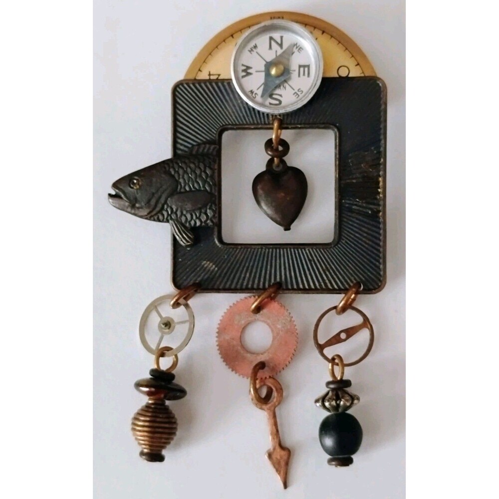 Vintage Artisan Assemblage Brooch OOAK Steampunk Pin Working Compass Fish Heart